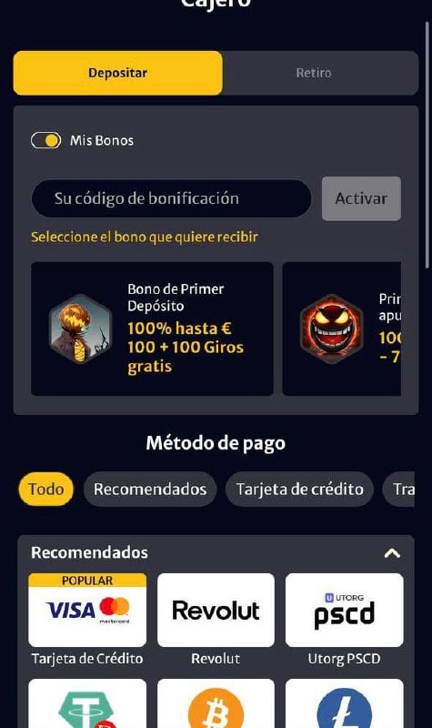 metodo de pago casino