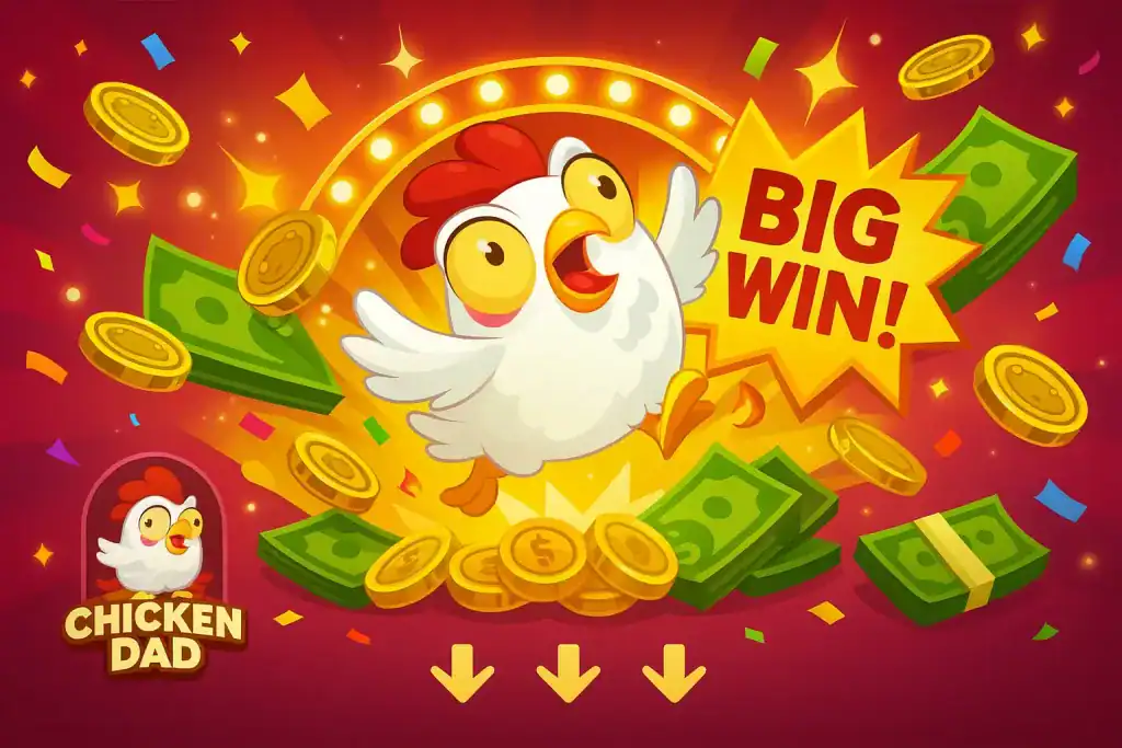 Victorious chicken from Chicken Road slot game in a festive casino setting