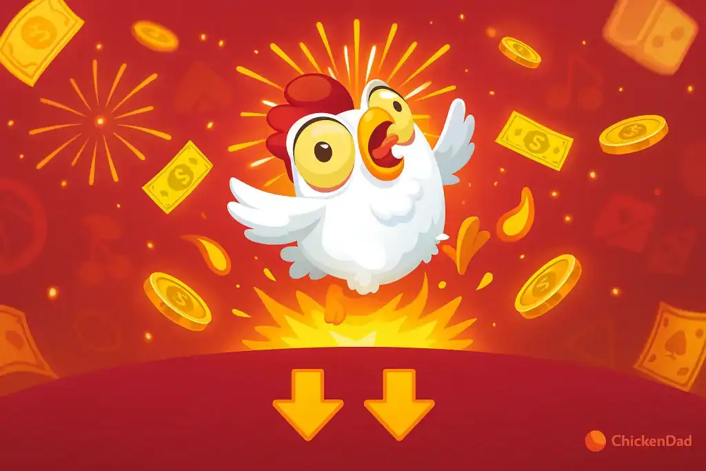 Energetic Chicken Road banner with fireworks, coins, and glowing cash