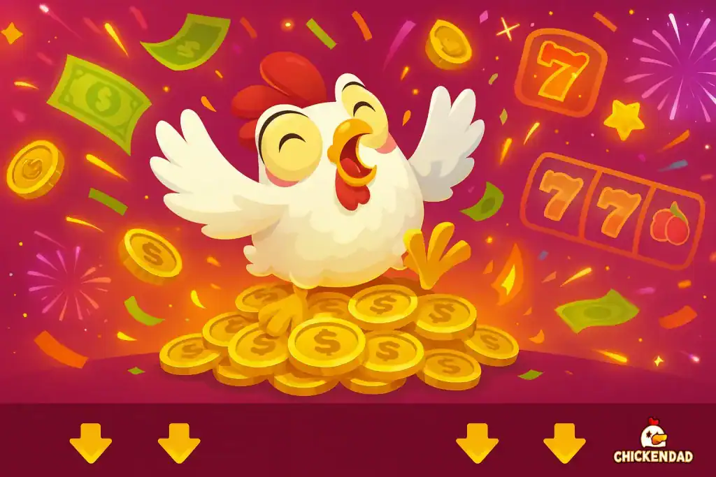 Cartoon chicken from Chicken Road on a spinning reel with jackpot visuals
