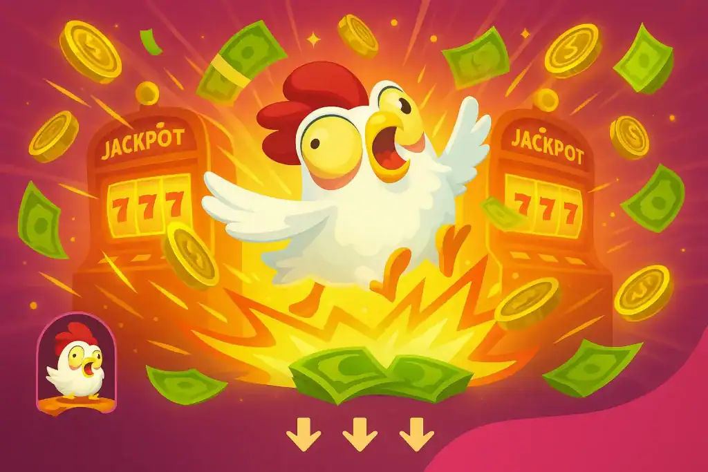 Chicken Road slot mascot surrounded by casino symbols and money burst