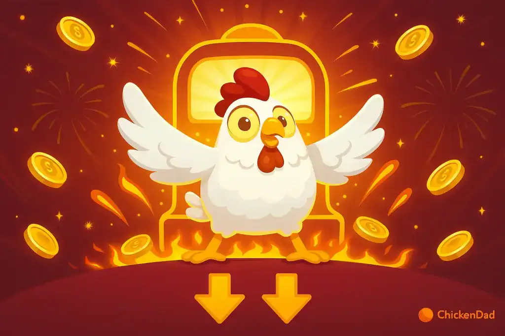 Happy chicken from Chicken Road slot celebrating a big win