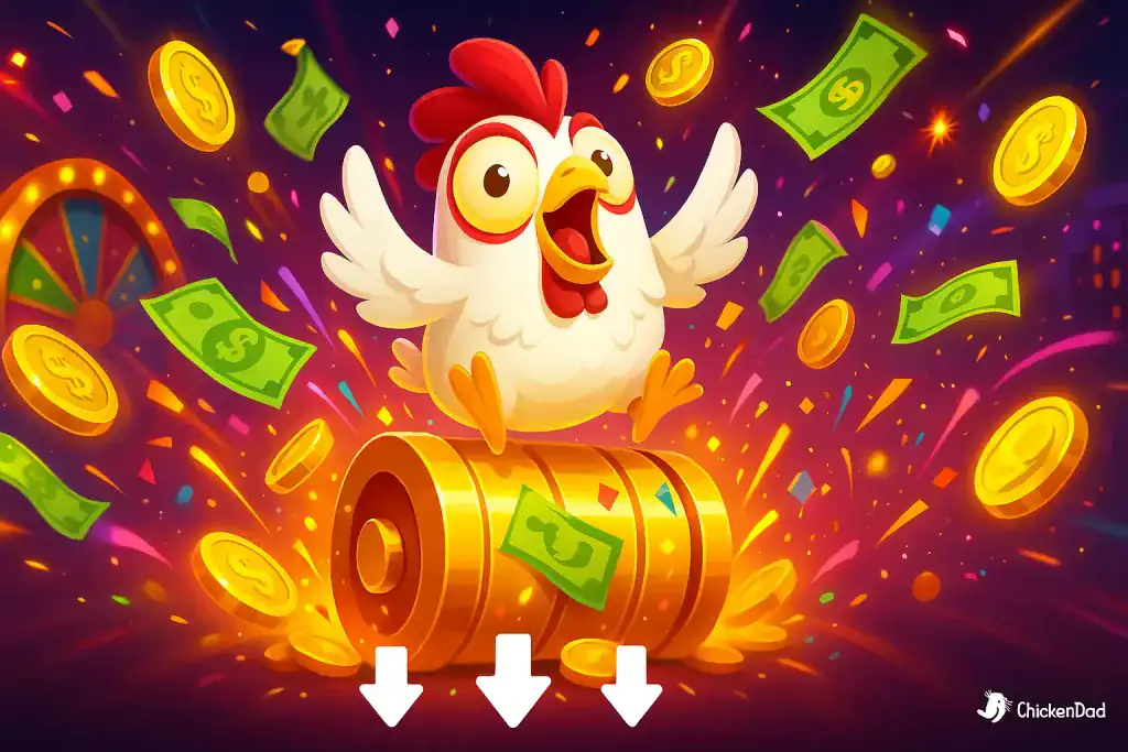Chicken Road character jumping on golden coins with flying cash and confetti
