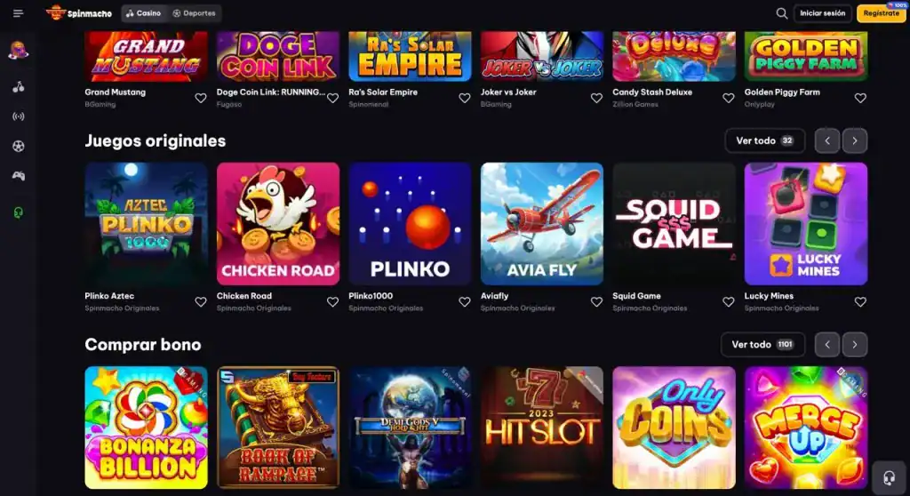 Página principal de Spin Macho Casino mostrando tragamonedas y promociones destacadas
