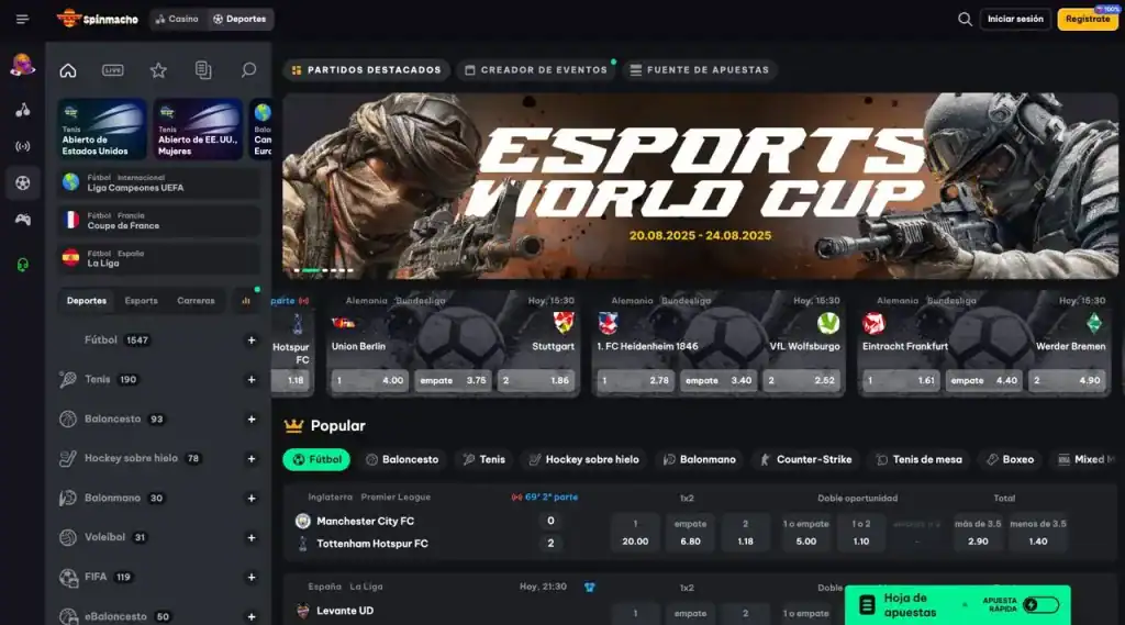 Plataforma de apuestas deportivas de Spin Macho con eventos y cuotas en directo