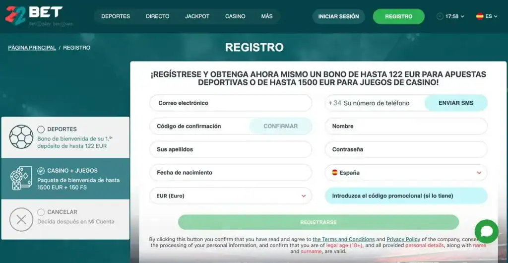 Versión móvil del casino en línea 22Bet