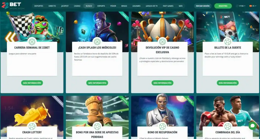 Menú de navegación en la plataforma 22Bet