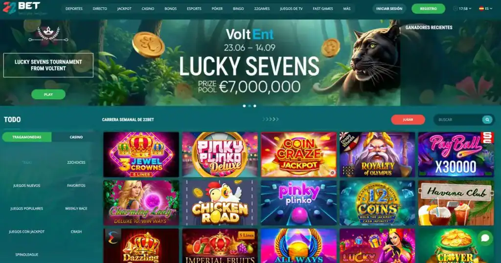 Pantalla de selección de proveedores en 22Bet