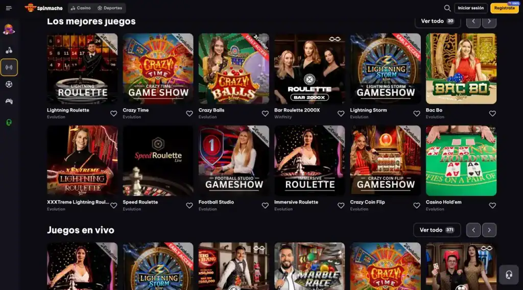 Sección de juegos en vivo y ruleta en Spin Macho Casino con proveedores reconocidos