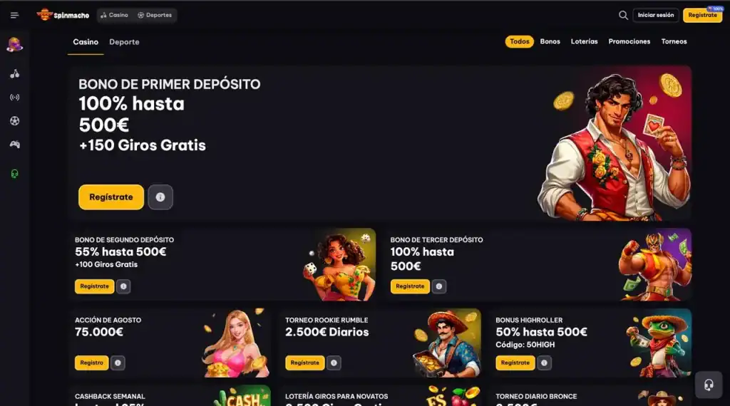 Página de bonos y promociones semanales en Spin Macho Casino para jugadores en España