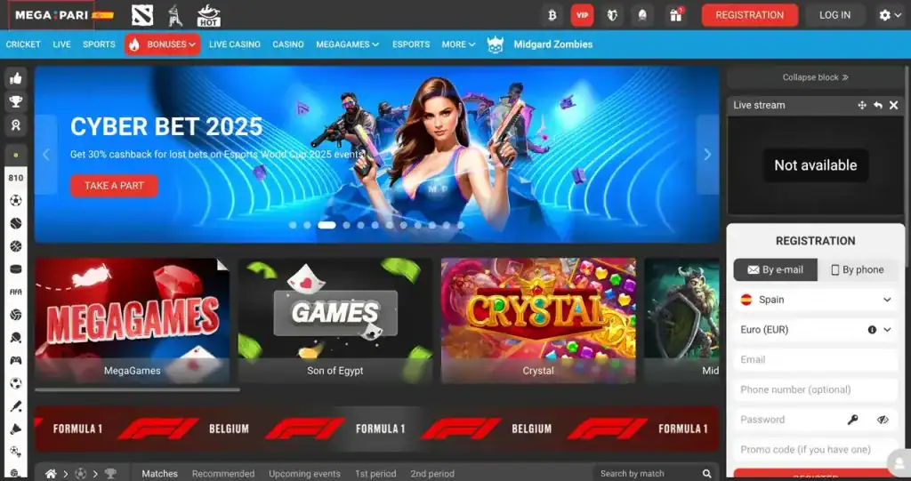 Live betting section on Megapari with football matches