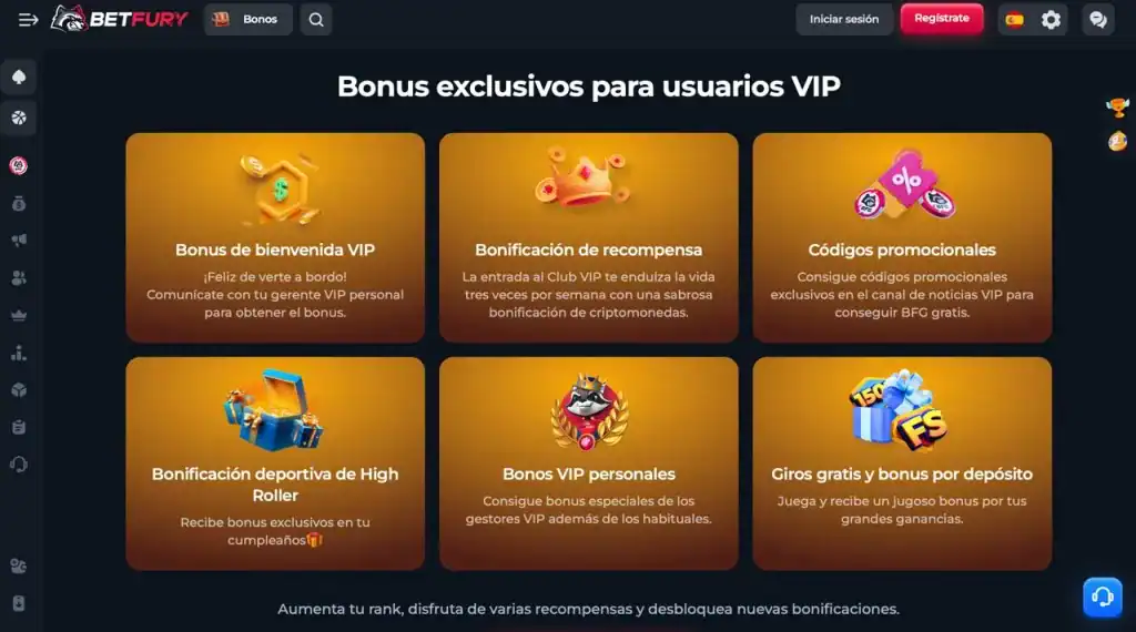 Menú interactivo de BetFury con acceso a bonos y juegos
