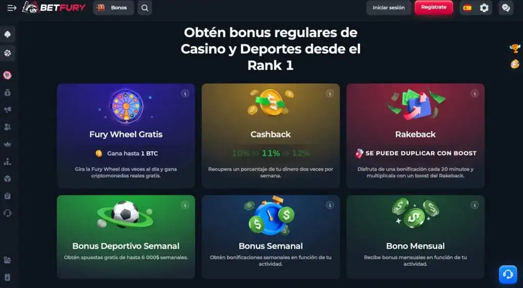 Categorías de juegos en el menú de BetFury