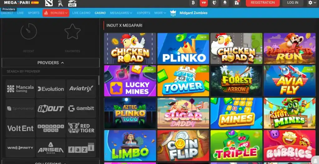 Megapari mobile app interface showing live casino games