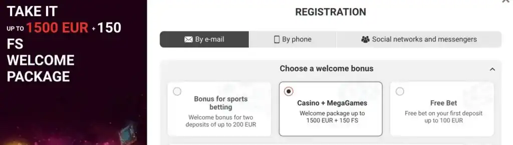 Pantalla de registro en Megapari con oferta de bono de bienvenida