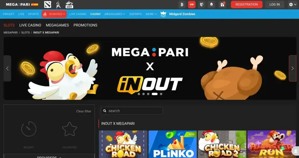 Sección de juegos de tragamonedas Megapari con Chicken Road destacado