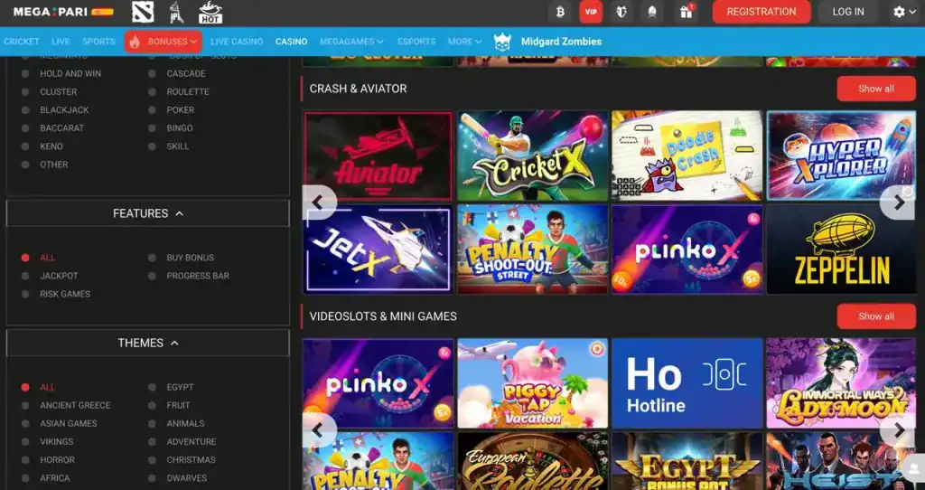 Megapari casino homepage with games and bonus banners