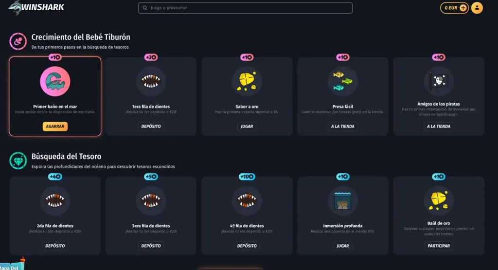 Achievement screen in WinShark casino showing player's missions and progress