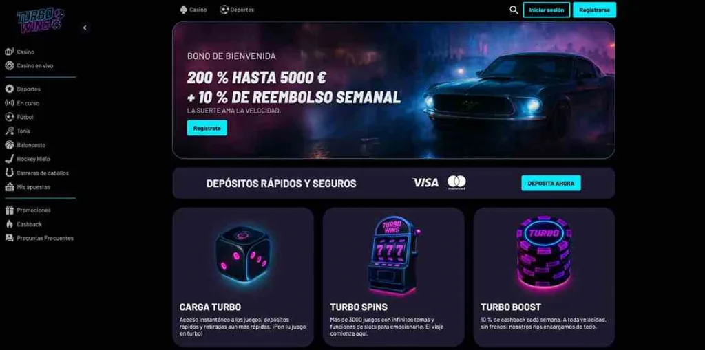 Turbo Wins homepage with promotions and quick deposits