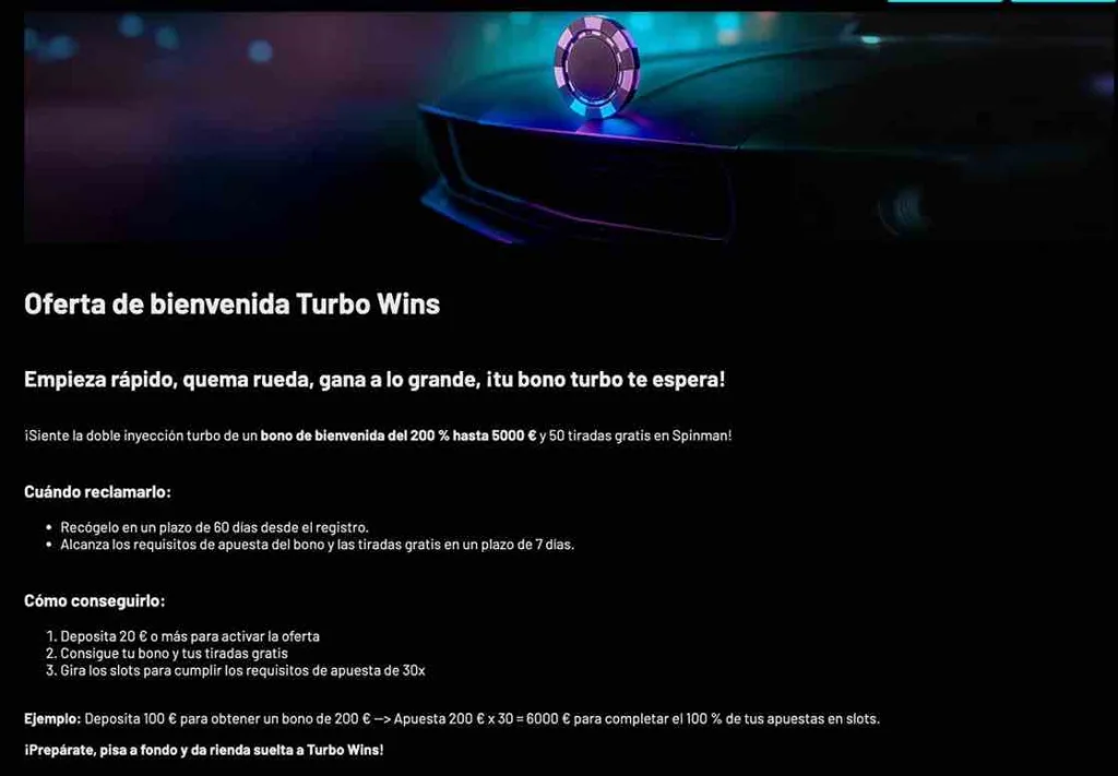 Turbo Wins Casino welcome bonus up to 5000 euros plus cashback