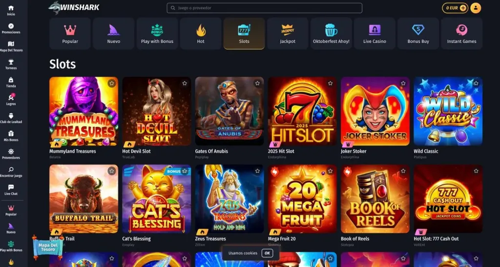 Slot-Katalog bei WinShark casino mit vorgestellten Titeln