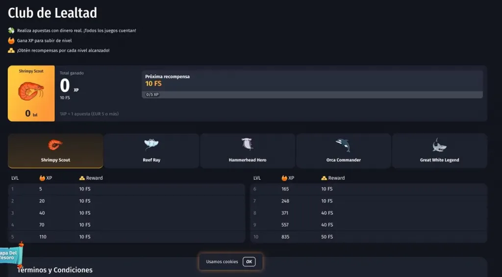 WinShark Loyalty Club screen showing levels and rewards
