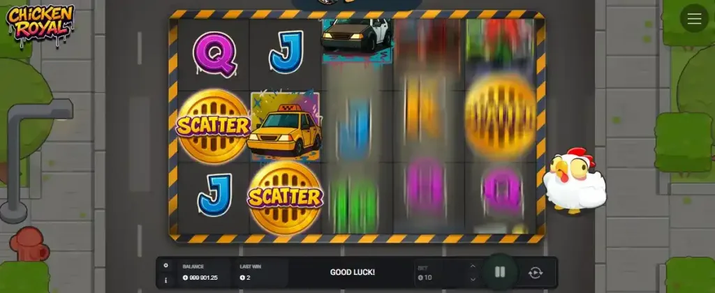 Pantalla del modo de bonificación en Chicken Royal slot con símbolos dorados