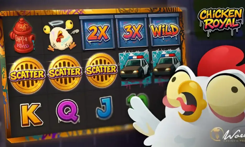 Vista del tablero de juego en Chicken Royal slot con pagos y funciones especiales