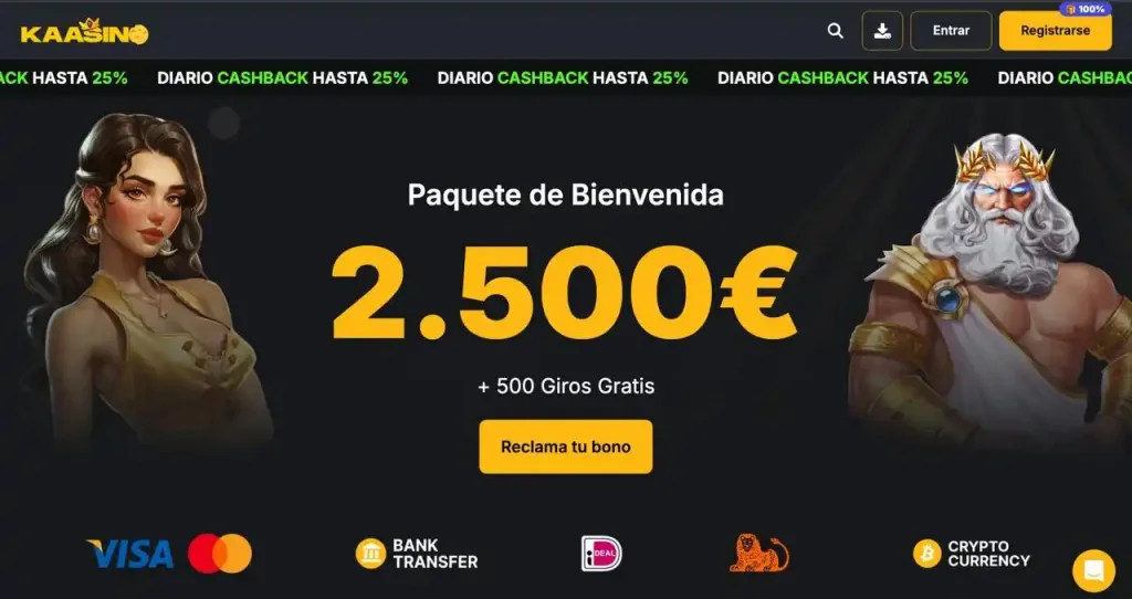 Главная страница Kaasino - приветственный пакет 2 500 евро и 500 бесплатных вращений с Зевсом и Богиней